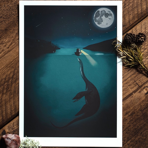 Nessie Fine Art Print, le monstre du Loch Ness, conte folklorique, A4, A3, A2, Lore écossais, impression d’Art, nuit étoilée, cheval d’eau, Plesiosaurus Dinos