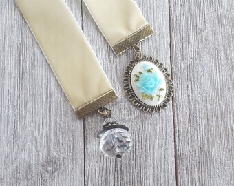 Blue Rose Cameo Bookmark Book Bauble -bookmark, ribbon bookmark, page marker, bookish, teacher gift, gift for her, book accessory, charm