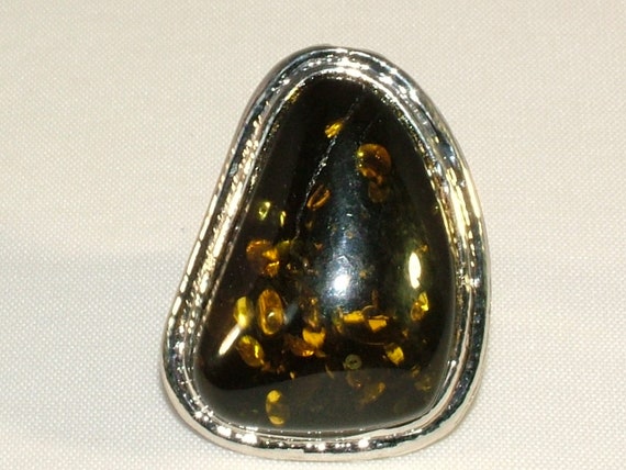 Sterling Silver Dark Green Amber Oval Ring