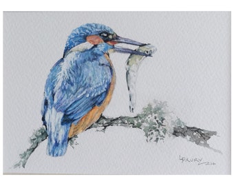 Watercolour Original Painting, Kingfisher Water Bird, Rivers Bank Wildlife Art, 9 x 7 Mount, Ready to Frame, Fathers Day Gift, Nature Lover