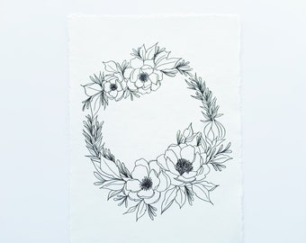 Hand Drawn Floral Wreath on Hand Made Paper
