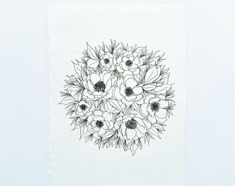 Hand Drawn Floral Bouquet on Hand Made Paper