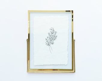 Hand Drawn Floral Print on Hand Made Paper // Gold Frame Optional