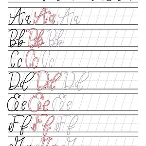 May include: A printable worksheet with the title "The Mono Line Guide" and a series of lowercase letters written in cursive. The letters are shown in gray and red, with the red letters showing the stroke order for each letter.