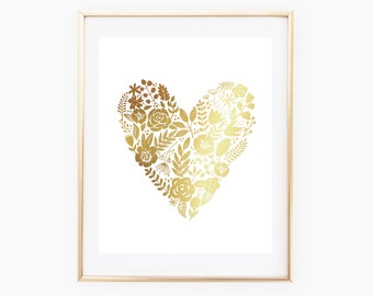 REAL GOLD FOIL Flower Heart Print 8x10