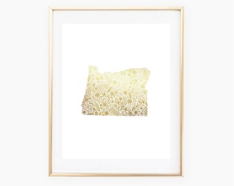REAL GOLD FOIL Oregon State Floral 8x10 Print