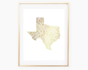 REAL GOLD FOIL Texas State Floral 8x10 Print