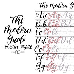 Puede incluir: Una hoja de trabajo imprimible en blanco y negro con el título "The Modern Guide - Practice Sheets" y una serie de letras cursivas con trazos numerados para guiar al usuario en la práctica de la caligrafía. Las letras son A, B, C, D, E, F y G.