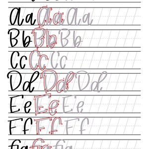 May include: A printable worksheet with instructions for "The Marker Guide" and examples of how to write the letters A through G in cursive. The letters are shown in black, gray, and red.