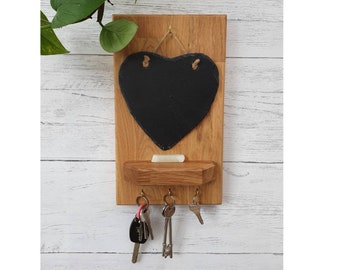 Oak Key Hook, Oak and Slate Heart Key Holder and Memo Board, Key Storage for Hallway Decor, New Home Present, Housewarming Gift for Couple