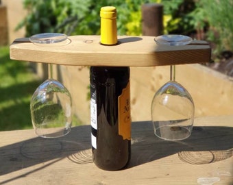 Wine Glass Caddy, Wooden Wine Bottle and Glass Holder, Garden Bar Accessories, Wine Bar, Housewarming Present for Couples, Anniversary Gift