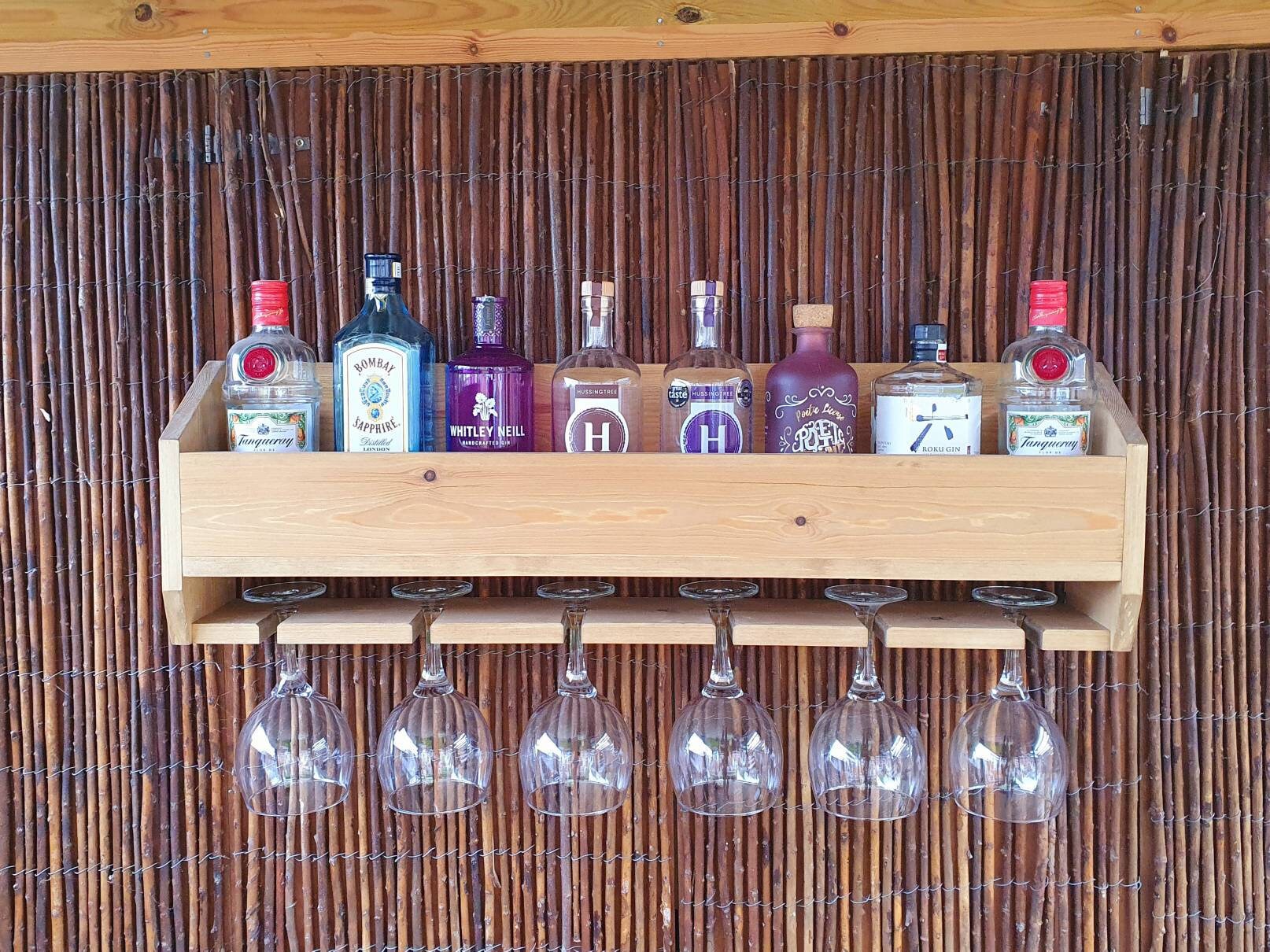 4GDO Gin Shelf Wine Rack Bar Bottle & 4 Gin Glass Holder Outside Garden Bar EM 