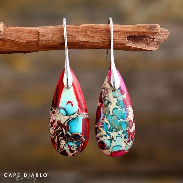 Natural Sea Sediment Imperial Jasper Stone Earrings-Inspirational Balance Calming Healing Earrings-Spiritual Protection Meditation Earrings