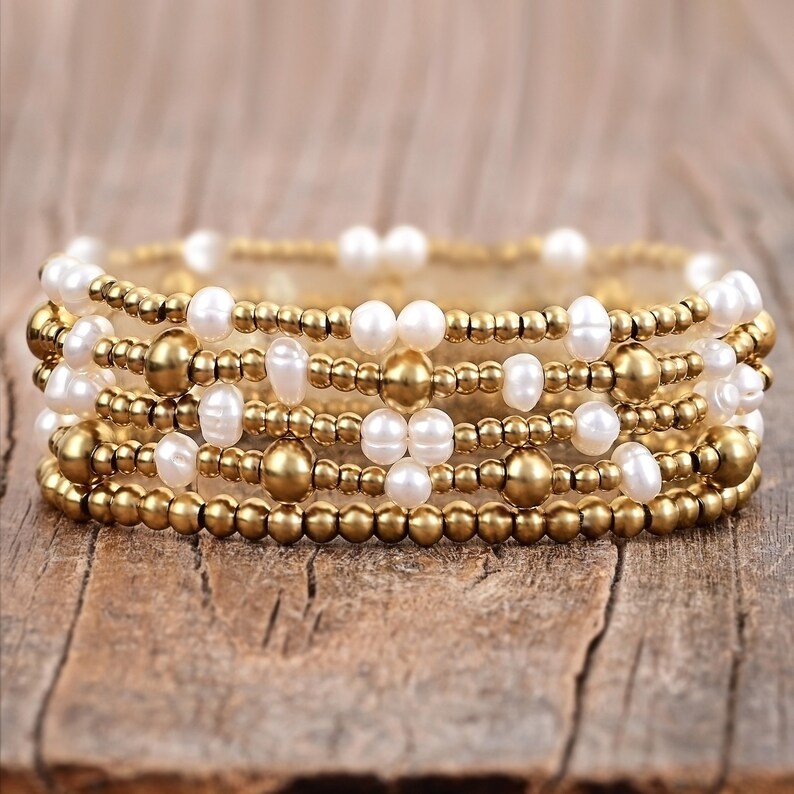 Gold Shimmering Pearl Bracelet Contemporary Bracelet Handmade Whimsical