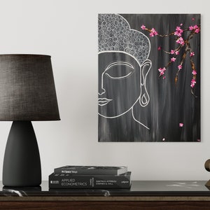 Zen Buddha Cherry Blossom Dark, Acrylic canvas painting, 16x20inch (40cmx50cm), Hand painted, Heavy body acrylic details, MeToYouByUrlien