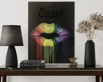 Rainbow Lips, Acrylic canvas painting, Sweet lips,  24x32inch (60cmx80cm), Hand painted with wooden decorative letters. MeToYouByUrlien