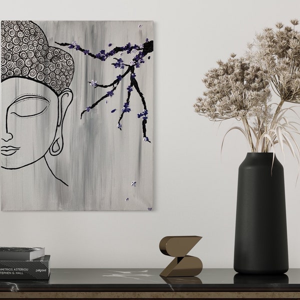 Zen Buddha Cherry Blossom Light, Acrylic canvas painting, 16x20inch (40cmx50cm), Hand painted, Heavy body acrylic details, MeToYouByUrlien