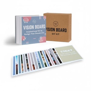 May include: A vision board kit with a book and a box. The book cover reads "VISION BOARD" and "Inspirational Kit to Design Your Dream Life." The box is brown and says "VISION BOARD DIY KIT." A set of cards is spread out, with the word "TODAY" visible.