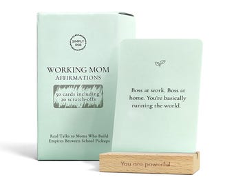 Working Mom Affirmation Cards "You Are Powerful" – 30 Uplifting Cards + 20 Fun Scratch-Offs + Wood Stand