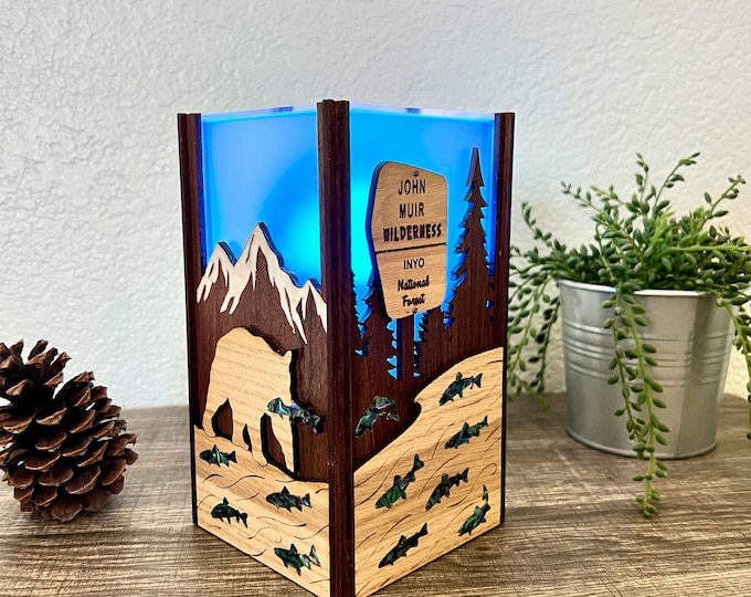 Featured listing image: Decorative Bear Lamp with Mountains and John Muir Wilderness sign - Sierra Nevada Lamp