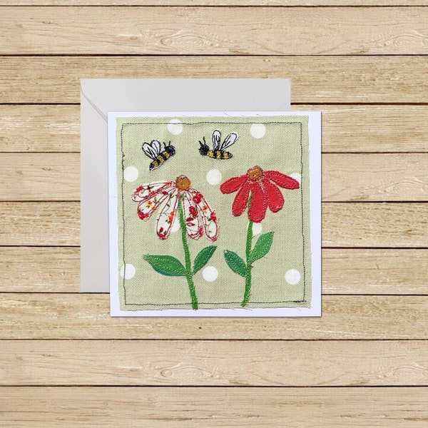 Flowers and bees card, fabric free machine embroidered, birthday/ thinking of you / thank you