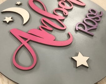 Personalised wooden name Circle Plaque - Stars - Sign Hoop - Nursery