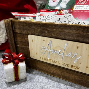 Personalised Wooden Christmas Eve Box Sign: Acrylic Name, Plywood Decor