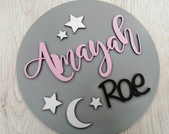 ANY NAME & COLOUR Personalised wooden Name circle - Stars Moon - Plaque Sign