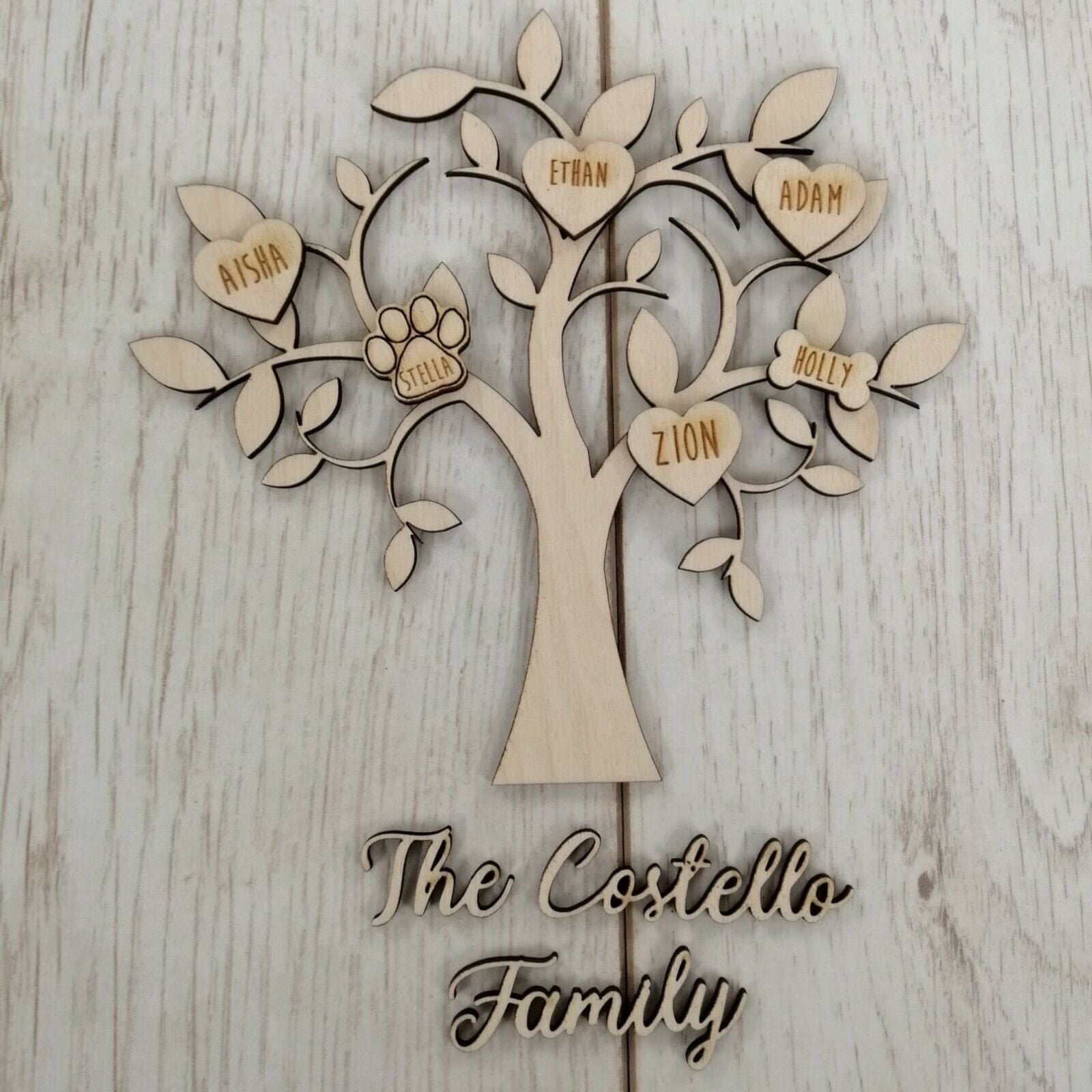 Personalised Wooden Family Tree Engraved Hearts & Family Name Etsy UK