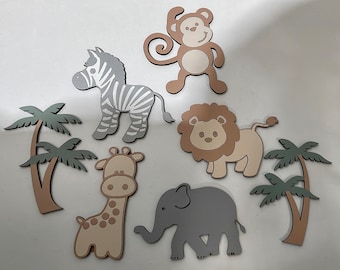 Painted pastel wooden safari Jungle animals - toy box shapes, painted characters, kids bedroom nursery