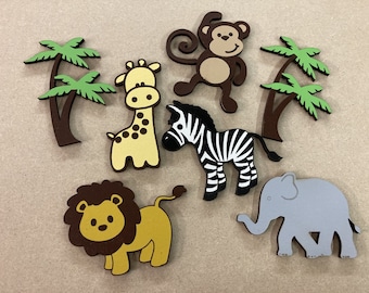 Painted wooden safari Jungle animals - toy box shapes, painted characters, kids bedroom