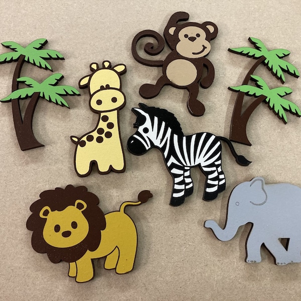 Painted wooden safari Jungle animals - toy box shapes, painted characters, kids bedroom