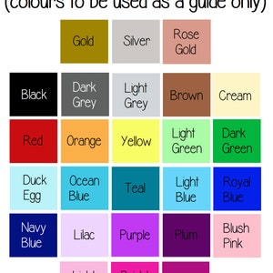 K&ouml;nnte beinhalten: Farbkarte mit 25 Farbmustern, darunter Gold, Silber, Ros&eacute;gold, Schwarz, Dunkelgrau, Hellgrau, Braun, Creme, Rot, Orange, Gelb, Hellgr&uuml;n, Dunkelgr&uuml;n, Enteneier, Ozeanblau, T&uuml;rkis, Hellblau, K&ouml;nigsblau, Marineblau, Flieder, Lila, Pflaume, Rouge, Hellrosa, Pink und Rotbraun.