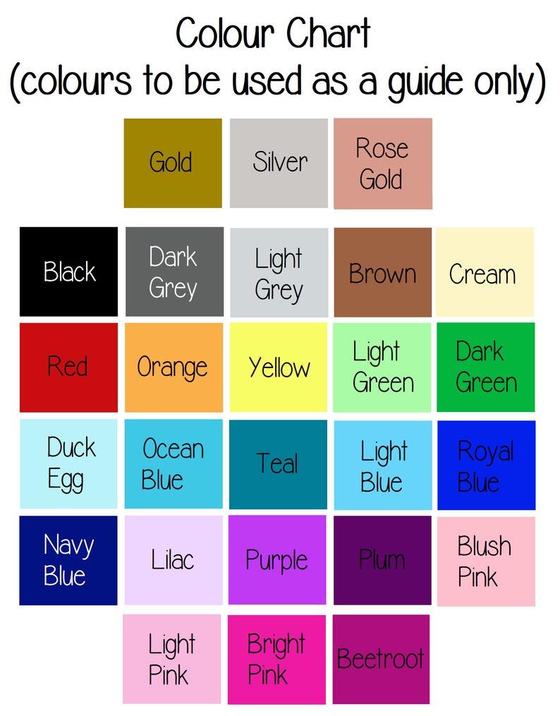 K&ouml;nnte beinhalten: Farbkarte mit 25 Farbmustern, darunter Gold, Silber, Ros&eacute;gold, Schwarz, Dunkelgrau, Hellgrau, Braun, Creme, Rot, Orange, Gelb, Hellgr&uuml;n, Dunkelgr&uuml;n, Enteneier, Ozeanblau, T&uuml;rkis, Hellblau, K&ouml;nigsblau, Marineblau, Flieder, Lila, Pflaume, Rouge, Hellrosa, Pink und Rotbraun.
