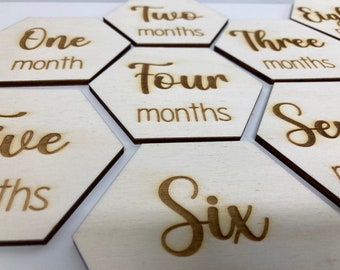 Wooden hexagon Baby Milestones - Engraved photo prop - Newborn birth stages - 1 month to 1 year