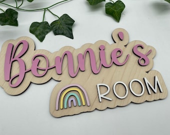 Personalised name door sign with rainbow - Kids room sign Maple wood and painted MDF