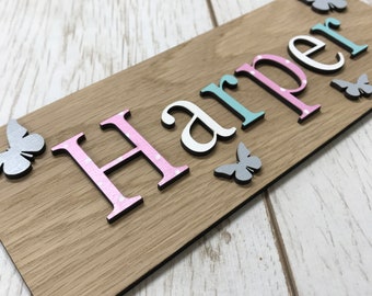 ANY NAME & COLOUR Personalised wooden Name plaque - Oak Veneer plaque with painted names - Door Sign
