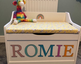 Personalised wooden toy box with name and seat cushion - Any colour, name and fabric