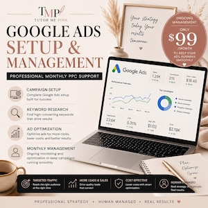 May include: A laptop displays a Google Ads dashboard with performance metrics. The image promotes Google Ads setup and management services, highlighting campaign setup, keyword research, and ad optimization. Text includes "Professional Monthly PPC Support."