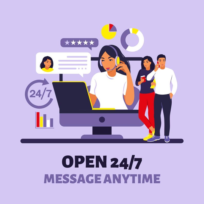 May include: Illustration of a customer service representative wearing a headset, working on a laptop. The image includes the text "OPEN 24/7 MESSAGE ANYTIME" and icons representing customer satisfaction and availability.