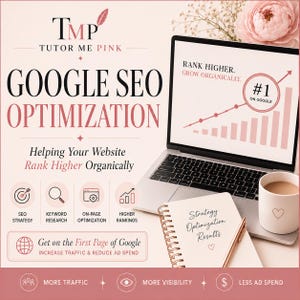 Peut inclure: Un ordinateur portable affiche un graphique et le texte "Rank Higher. Grow Organically." Un carnet avec "Strategy Optimization Results" est à côté de l'ordinateur portable. L'image promeut l'optimisation SEO Google.