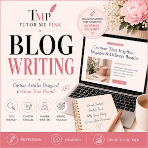 May include: An advertisement for blog writing services. The image shows a laptop displaying a blog post, a notebook with text, and a coffee cup. Text includes "BLOG WRITING" and "Custom Articles Designed to Grow Your Brand."