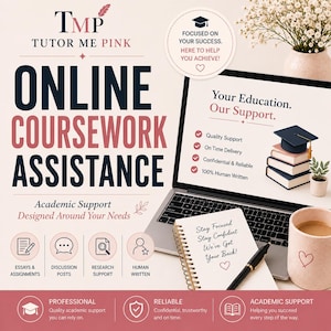 Peut inclure: Publicité pour une aide aux cours en ligne. L'image présente un ordinateur portable affichant du texte sur le soutien scolaire, un carnet avec le texte "Restez concentré, restez confiant, nous sommes là pour vous !" et une tasse à café. Le texte comprend "TUTOR ME PINK" et "ONLINE COURSEWORK ASSISTANCE."