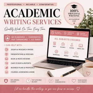 May include: An advertisement for academic writing services. The image features a laptop displaying the words "All Subjects Covered" and icons representing various subjects. Text includes "Academic Writing Services" and promises of quality work, fast turnaround, and original content.