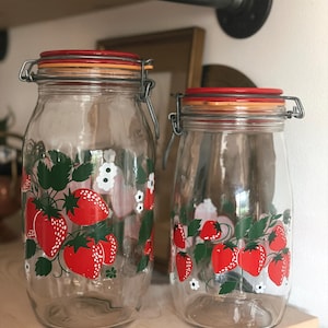 Vintage Strawberry Glass Jars - Retro Kitchen Storage Canisters, Decorative Vintage Canisters for Pantry or Countertop Display