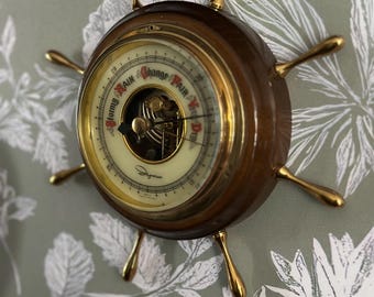 Vintage Ship's Wheel Barometer, Brass and Wood Nautical Decor