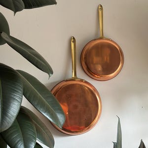 May include: Two round copper pans with polished surfaces and long brass handles. The pans are mounted vertically, one positioned slightly higher than the other, showcasing their metallic sheen and circular design with a flat base and handle.