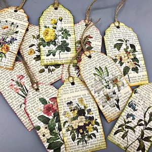 3  Etiketten, Anhänger, Geschenkanhänger, vintage, Blumen, aus altem Buch