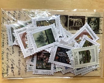 May include: A collection of vintage postage stamps featuring various designs and text, including "Ceskoslovensko", "Ceska Republika", and "Poste Italiane". The stamps are arranged in a random pattern on a brown paper background.