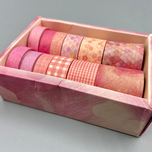 12 Rollen Washi-Tape, rosa-pink, in dekorativer Schachtel, verschiedene Breite und Muster